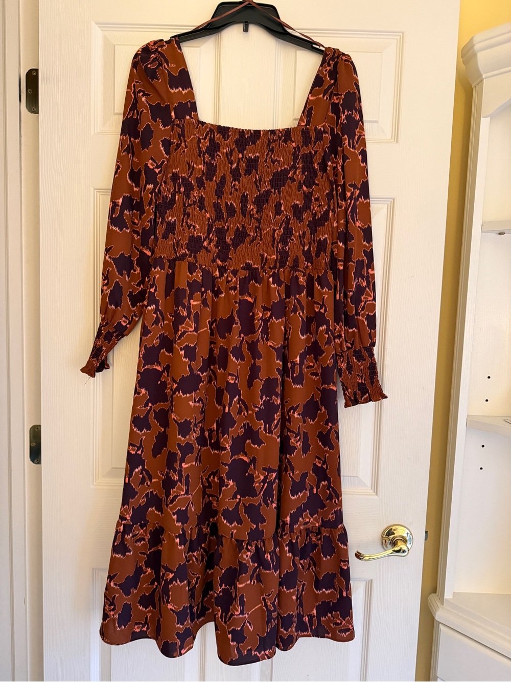 Nine West Rust and Plum Smocked Square-Neck Midi Dress